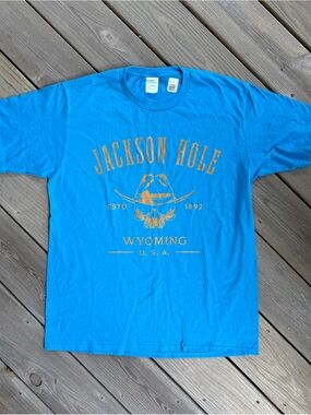 Jackson Hole Wyoming Cowboy Skull Graphic Tee Shirt Turquoise Blue Men's Large